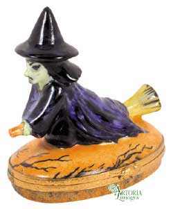 Limoges France Trinket Box Witch On outlet Broom With Cat Halloween Numbered 4